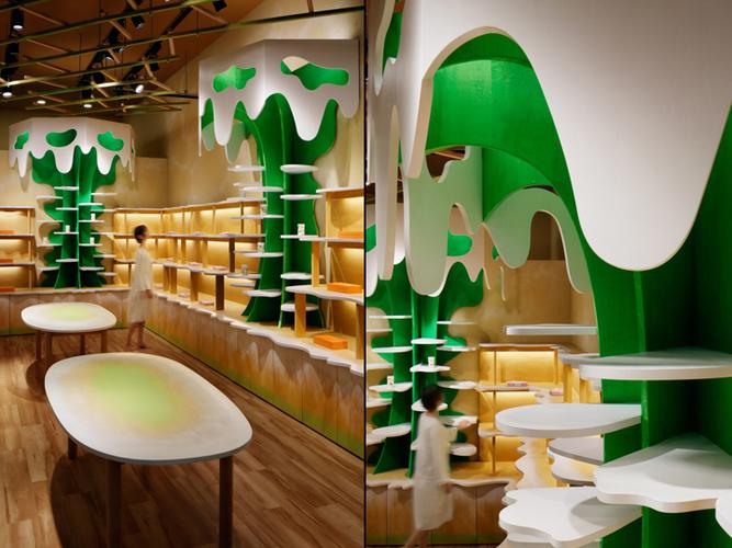 自己的奶牛場的公司的零售店中,設計了以下的室內設計,產品包括乳制品
